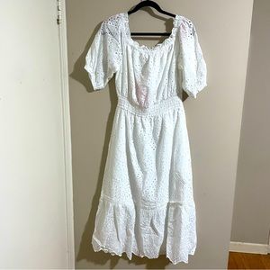 Betsey Johnson Eyelet Midi Puff Sleeve Dress in Ivory Women's Large